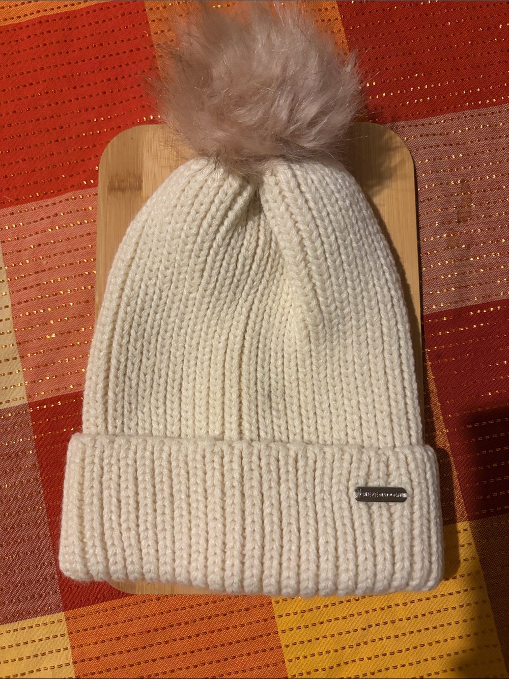 Steve Madden Cream Knit Pom Pom Beanie
